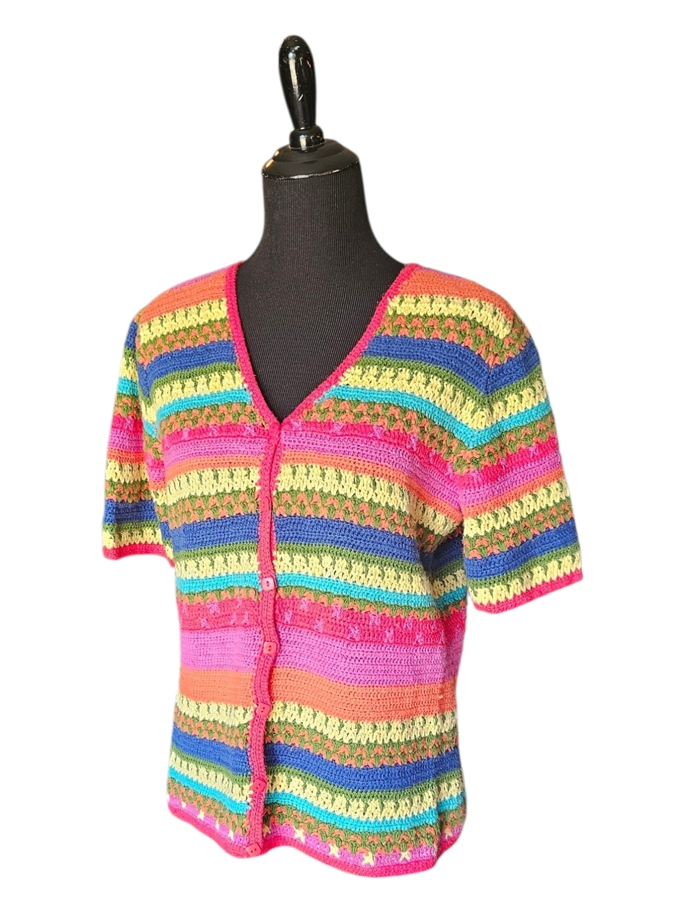 Casual Corner Annex Crochet Cardigan XL Colorful Striped Boho Knit Button Front - Picture 7 of 11